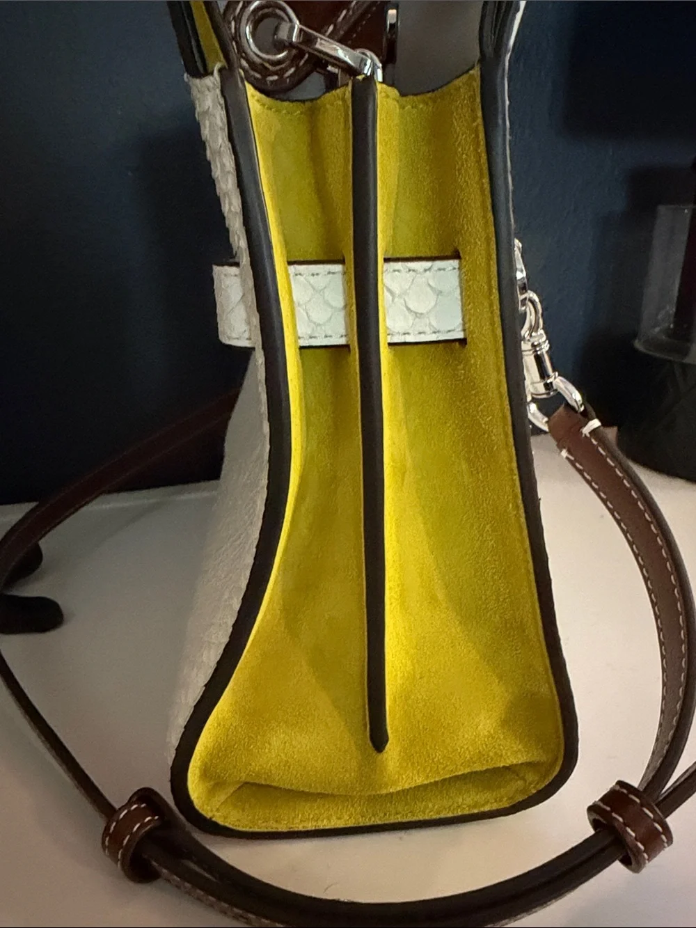 Small Tory Burch Lee Radziwill white Python-Embossed Top-Handle Bag.